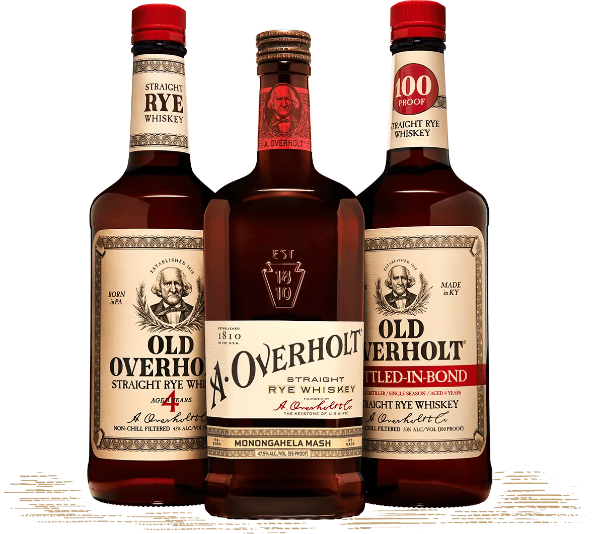Whiskey bottles, Overholt whiskey, American whiskey